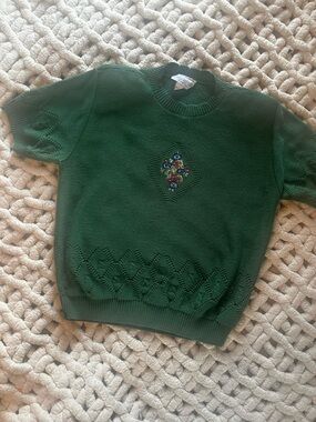 Unique Vintage Green Short-Sleeve Embroidered Cowl Sweater